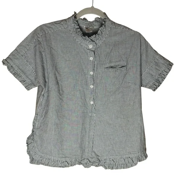 Eskey Gray White Pinstripe Ruffle Trim 100% Cotton Top Size M - Picture 4 of 9